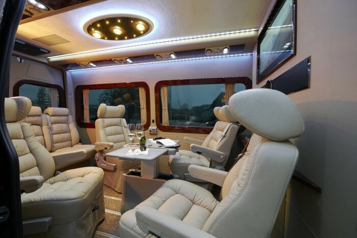 Interior passenger compartment of luxury minibus 