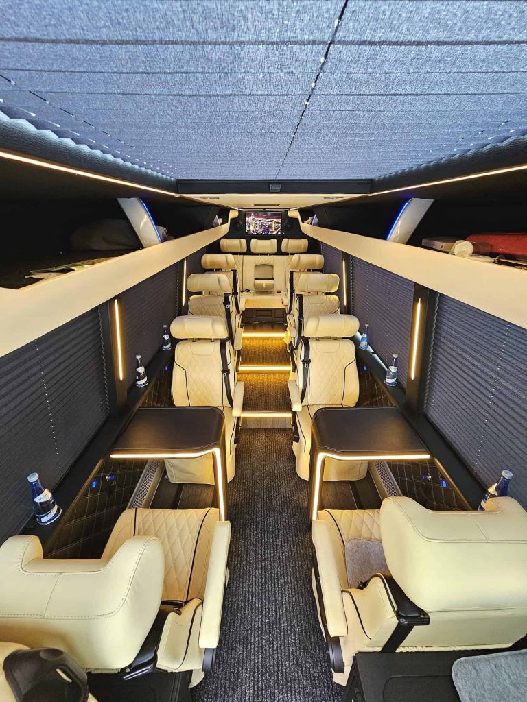 VVIP minibus booking Munich 12 person Mercedes Benz VIP Land Jet Van - with club tables and individual seating