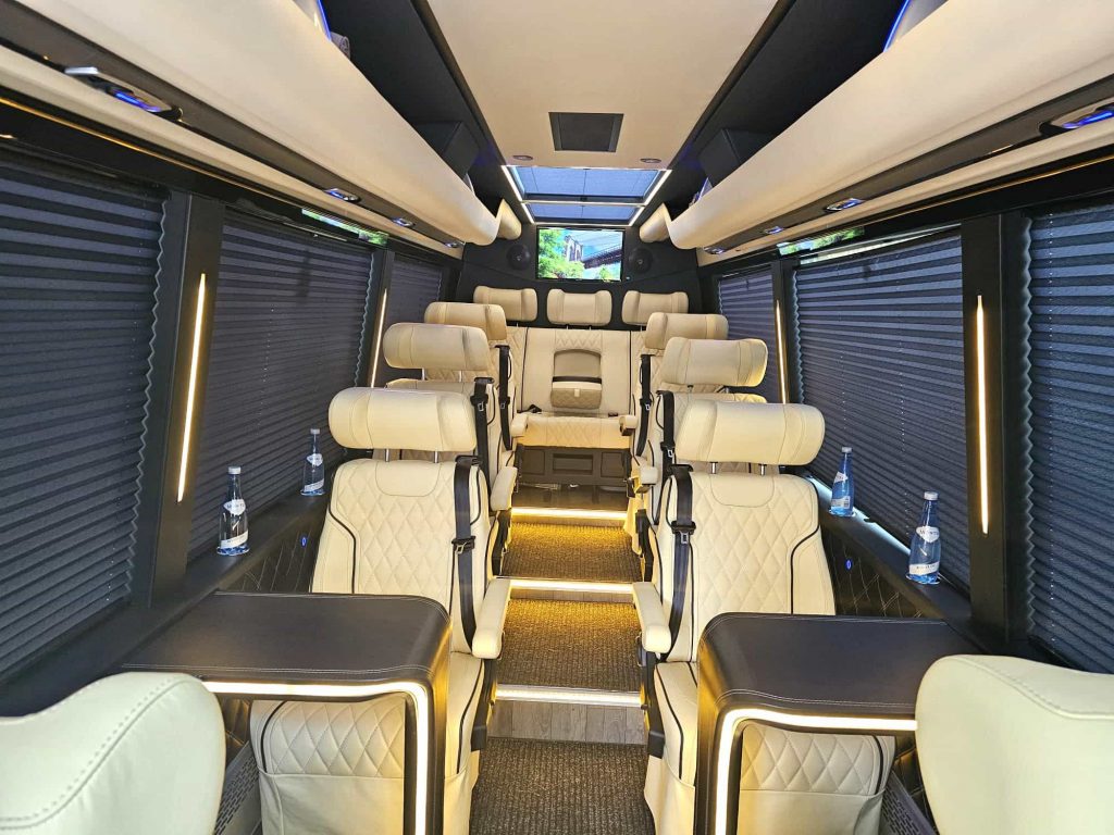Luxury minibus hire Munich for 12 VIP passengers Super VIP Sprinter with ergonomic full leather seats